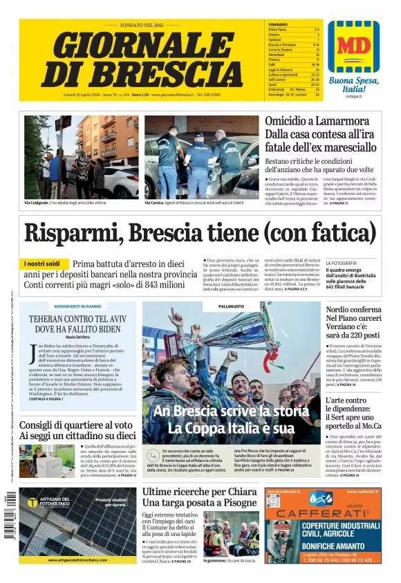 Prima-pagina-giornale di brescia-oggi-edizione-del-2024-04-15